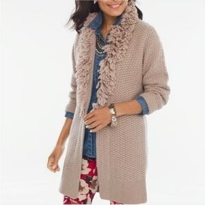 Chico's Tan Loop Fringe Collar Textured Wool Blend Cardigan Sweater S